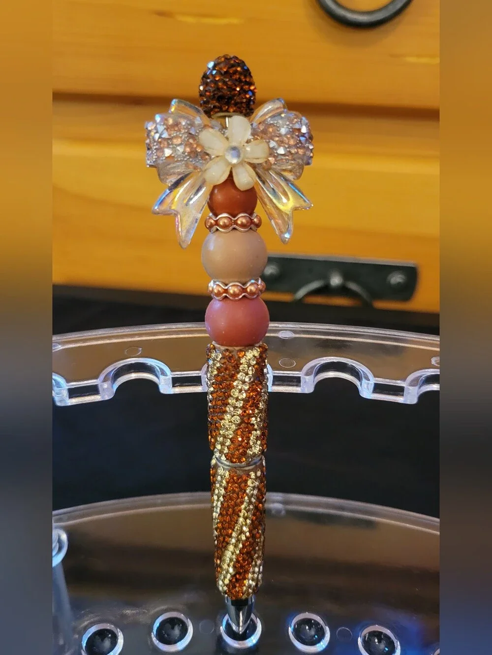Crystal Bow and Bead Drop Handmade Pen - Brown
